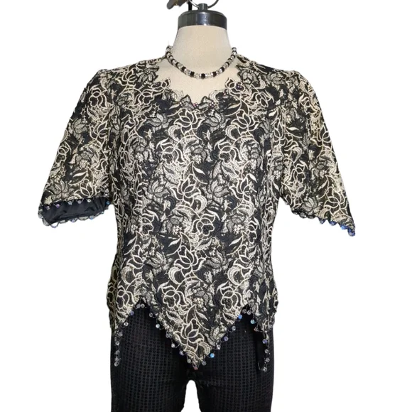 Michael Jordan Luxury Black &Gold Lace With Crystal Beads Trimmed Blouse Size M - Picture 7 of 16